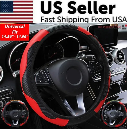 Car Steering Wheel Cover Red Black Leather Anti-slip For Carbon Fiber